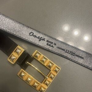 Omega Black Leather Belt with Gold Accents